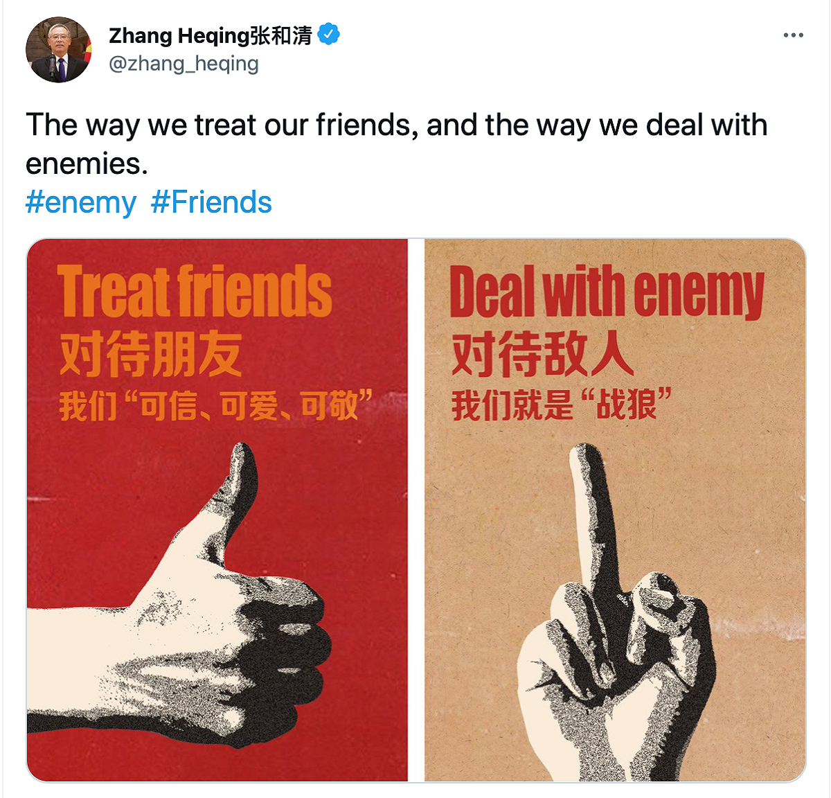 中國駐巴基斯坦外交官張和清在推特發文，指稱對待朋友我們可信」、「對待敵人我們就是戰狼」。 圖：截自張和清推特