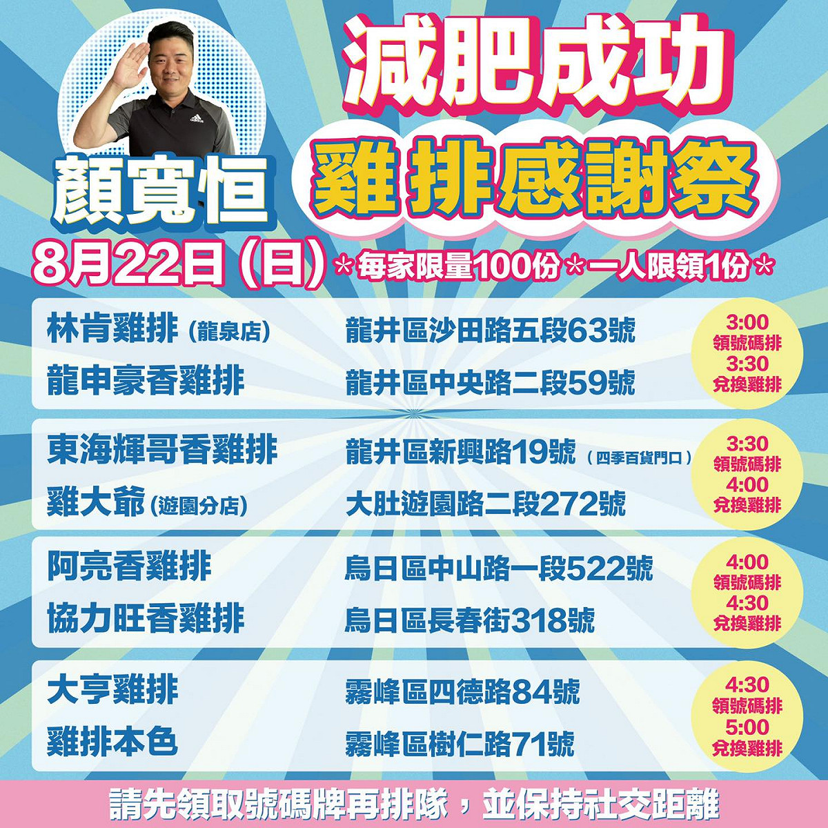 明天則是在龍井、大肚、烏日、霧峰發放。 圖：翻攝自顏寬恒臉書
