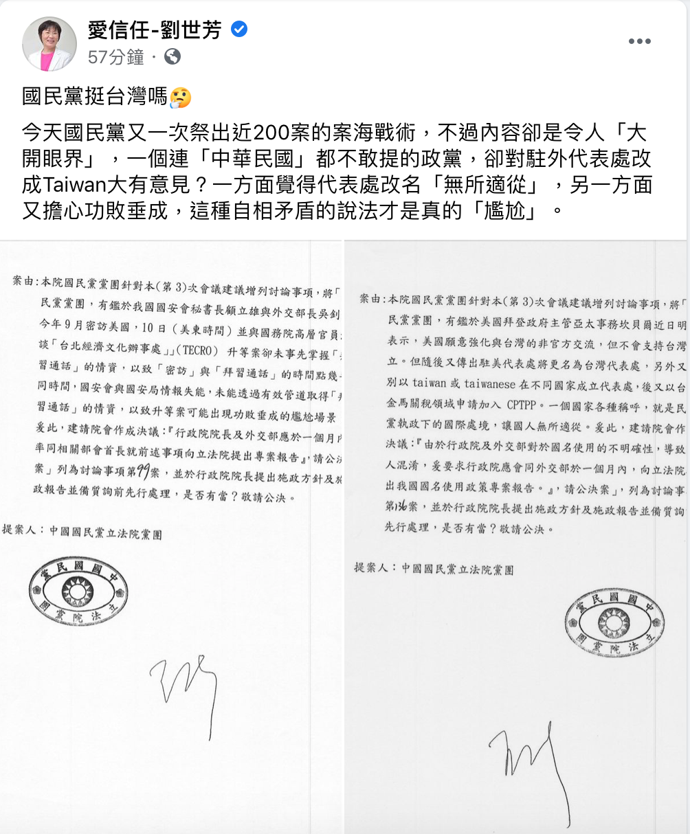 國民黨的兩項提案讓劉世芳直言，這種自相矛盾的說法，才是真的「尷尬」。 圖：翻攝自劉世芳臉書