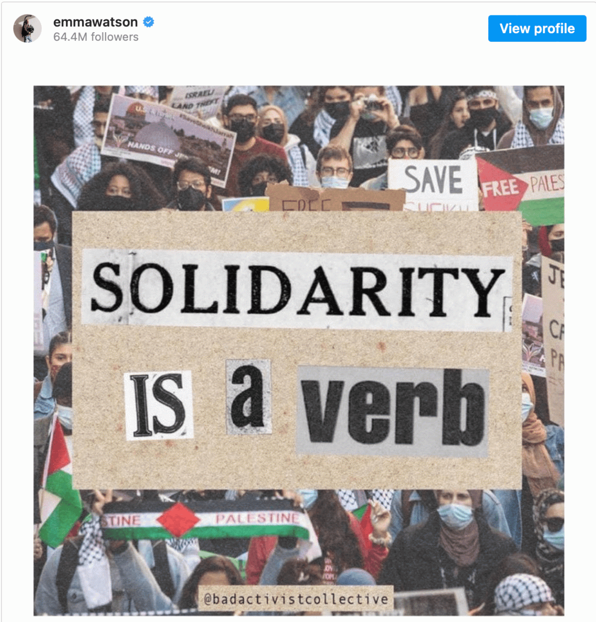 Emma Watson發出一張圖片裡面寫道，「團結是一個動詞」的標語。 圖：擷取自Emma Watson推特