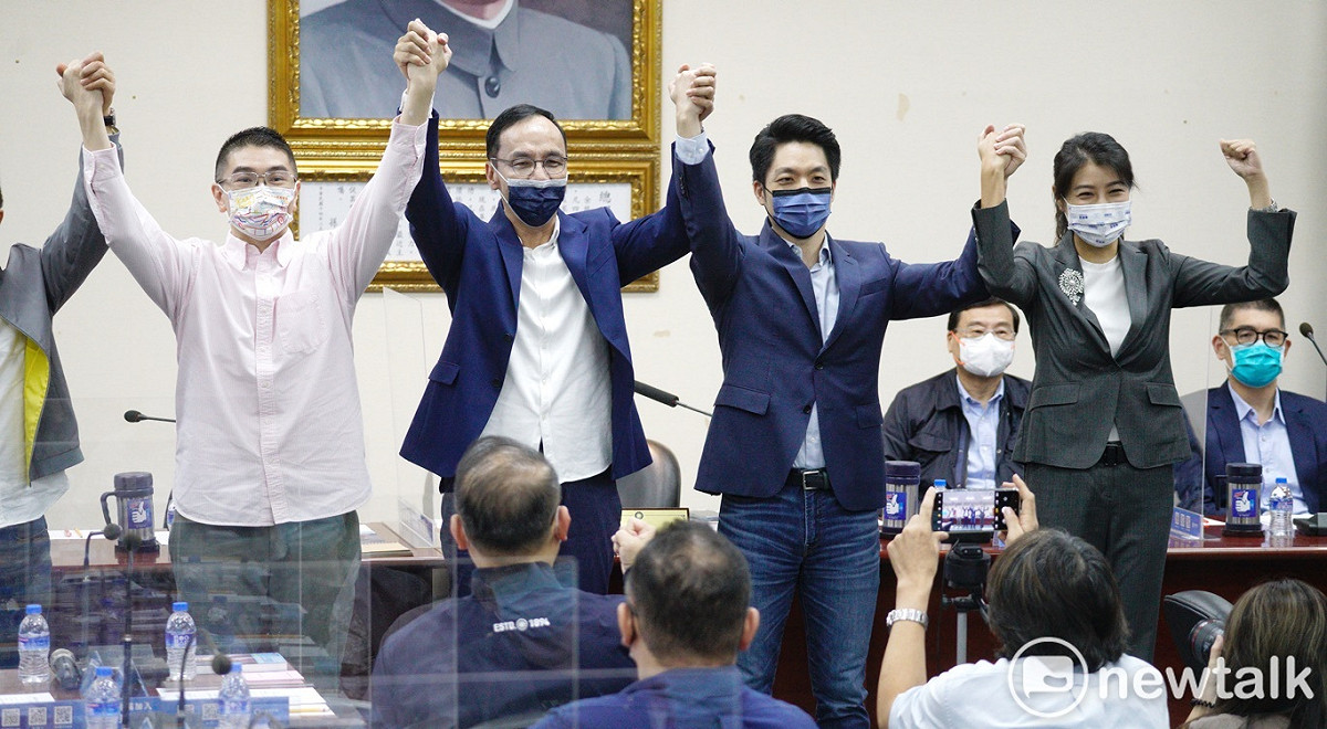 國民黨立委蔣萬安、許淑華和前立委謝國樑代表國民黨參選台北市長、基隆市長和南投縣長。 圖：張良一/攝