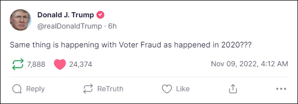 川普於社交平台 truth social 貼文表示期中選舉將發生與過去同樣的選舉詐欺。 翻攝自：truth social @realDonaldTrump