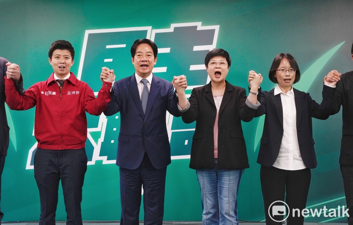 民進黨主席賴清德舉行記者會，宣布徵召苗博雅、林志潔、吳音寧代表民進黨參選區域立委。 圖：張良一/攝