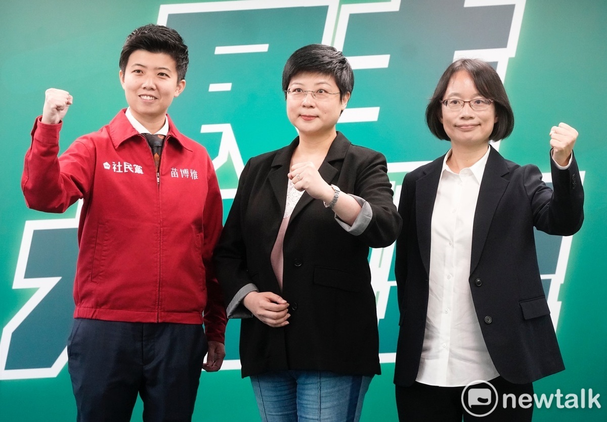 民進黨主席賴清德舉行記者會，宣布徵召苗博雅、林志潔、吳音寧代表民進黨參選區域立委。 圖：張良一/攝
