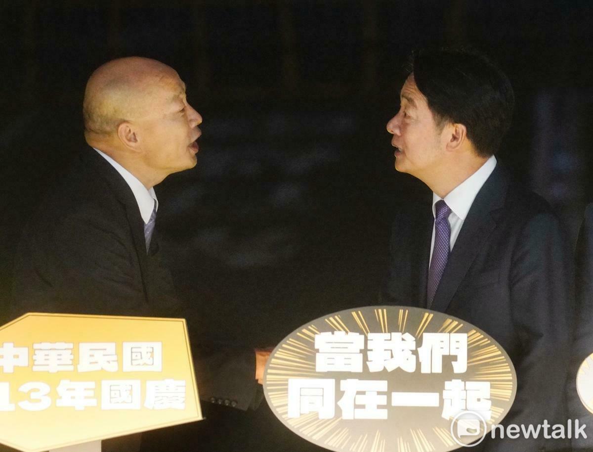 總統賴清德、立法院長韓國瑜出席2024國慶總統府建築光雕展演「當我們同在一起」點燈儀式。 圖：張良一/攝