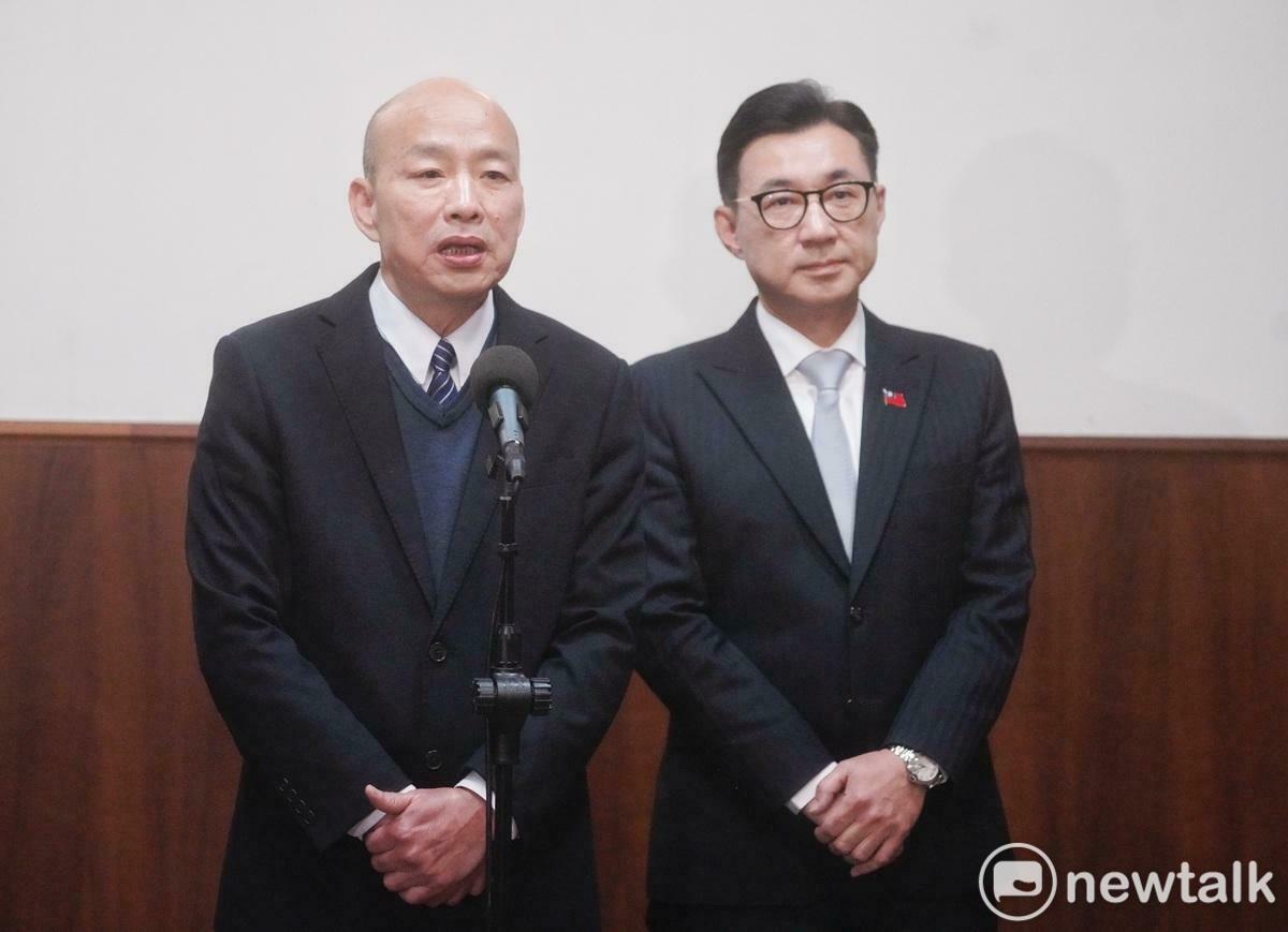 立法院長韓國瑜在副院長江啟臣的陪同下舉行記者會，說明總統賴清德與五院院長會談情形。 圖：張良一/攝