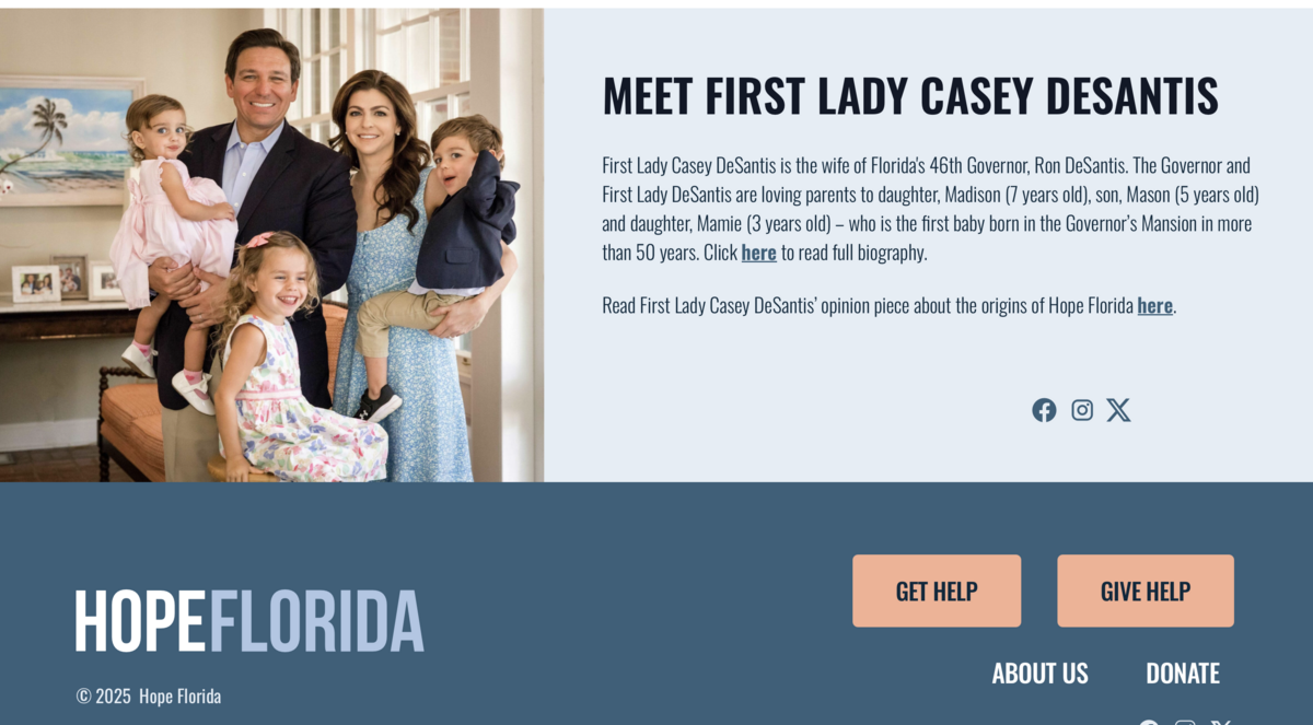 Hope Florida 官網照片介紹佛州第一家庭。 圖片翻攝自：Hope Florida