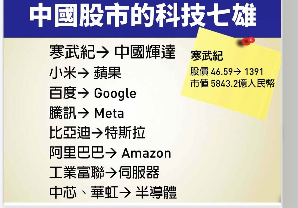 中國股市的科技七雄 圖：截自謝金河臉書