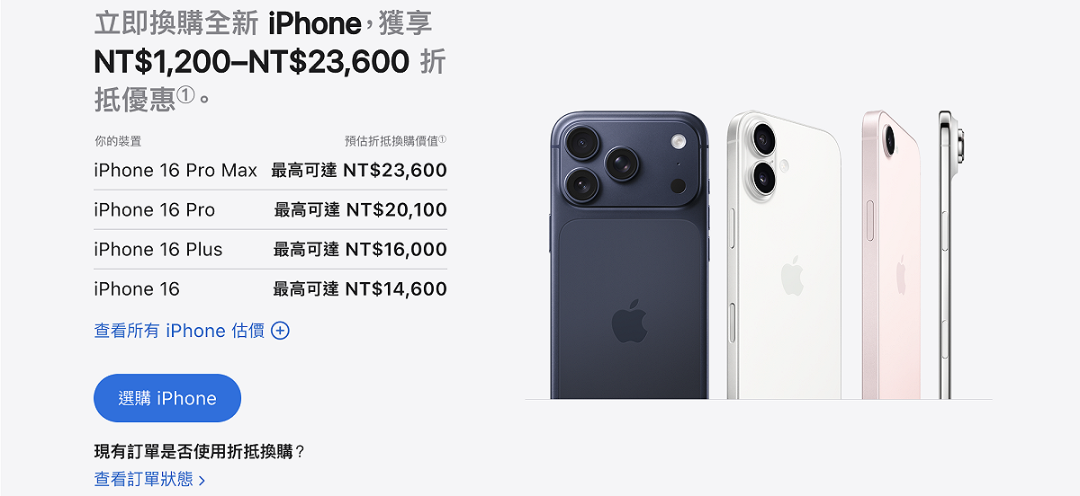 蘋果此次「Trade In」方案，比較新的 iPhone 16 系列的換購價均有所調升。 圖：蘋果官網