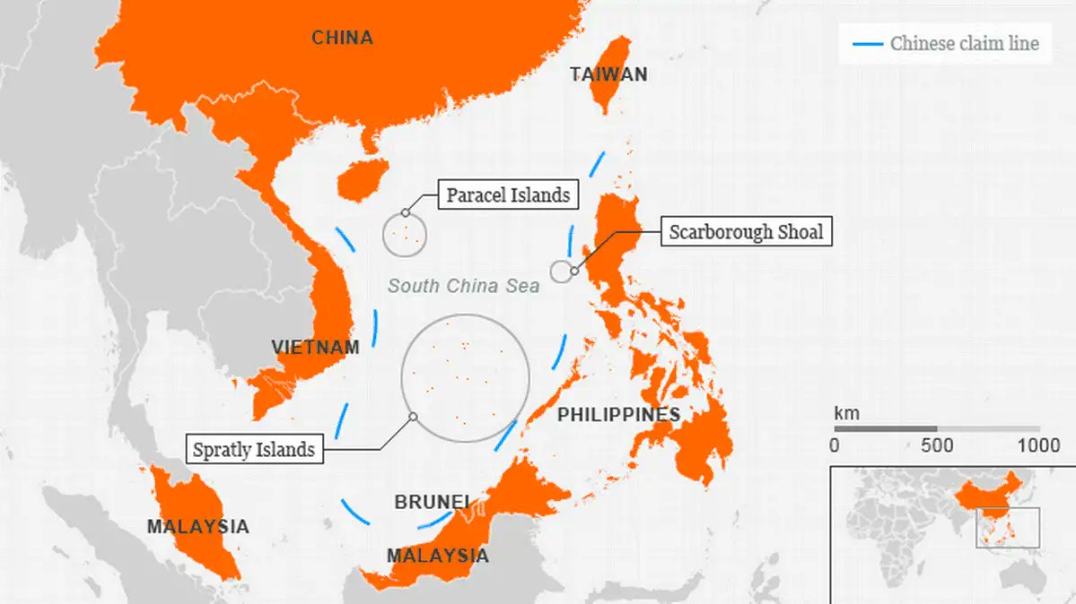 中國依據九段線歷史依據主張黃岩島（民主礁）主權，中菲雙方經歷南海仲裁案後依然未解決該領土爭議。 圖：翻攝自@NguyenThih36