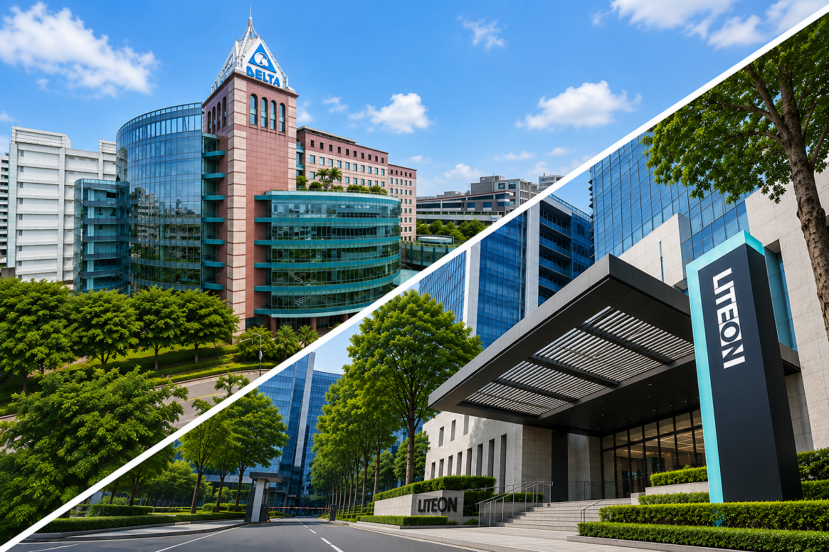 台達電（2308）與光寶科（2301）企業總部外觀。 圖：GoogleMaps／AI生成（資料圖）