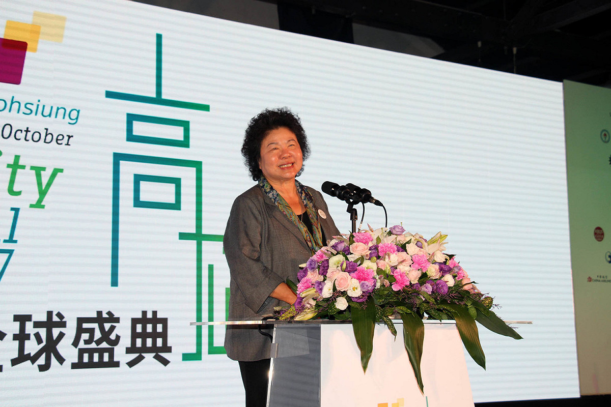 高雄市長陳菊在生態交通世界大會歡迎晚宴上致詞。 圖 : 高雄市政府/提供