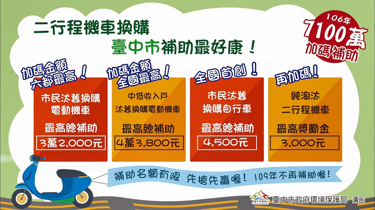 台中市政府補助汰換二行程機車方案。 圖 : 台中市政府/提供