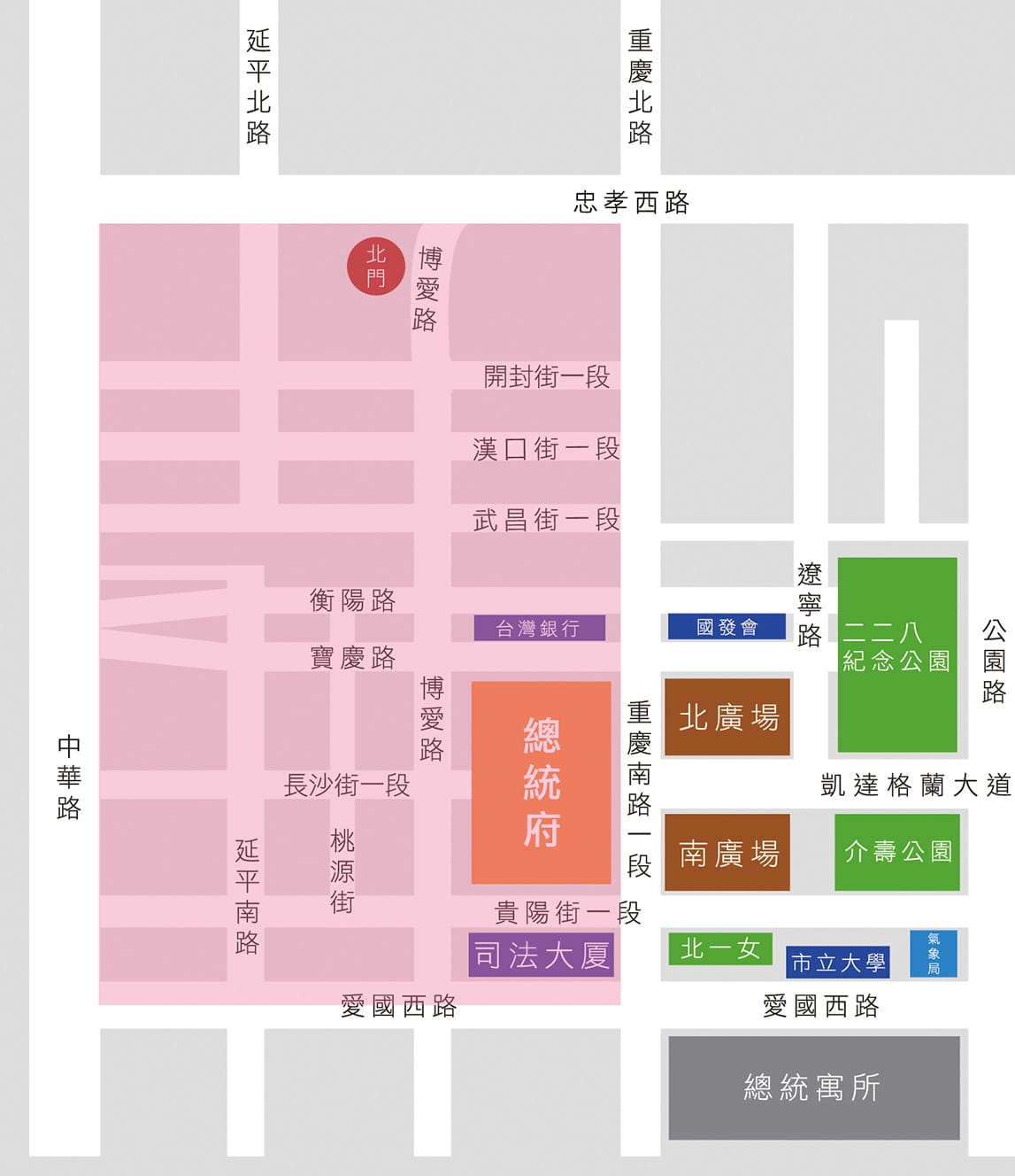 國慶上午的慶祝大會結束後，將安排3大主題花車遊行，中午12點起，將安排46輛主題花車遊行，從小南門附近一路到北門。為了配合遊行，將管制重慶南路以東(不含)、愛國西路以北(含往西向慢車道)、中華路以西(不含)、忠孝西路以南(不含)。 圖：翻攝自《中華民國 讚國慶》官方網站
