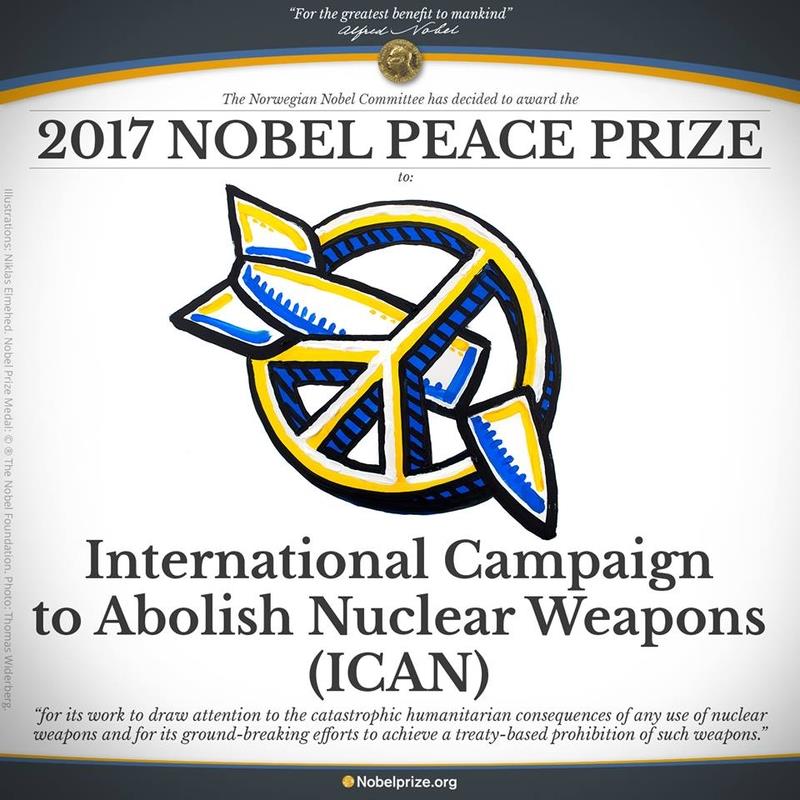 2017年諾貝爾和平獎6日揭曉，由國際廢除核武運動（International Campaign to Abolish Nuclear Weapons，ICAN）獲殊榮。 圖 : 取自諾貝爾獎臉書網頁www.facebook.com/nobelprize
