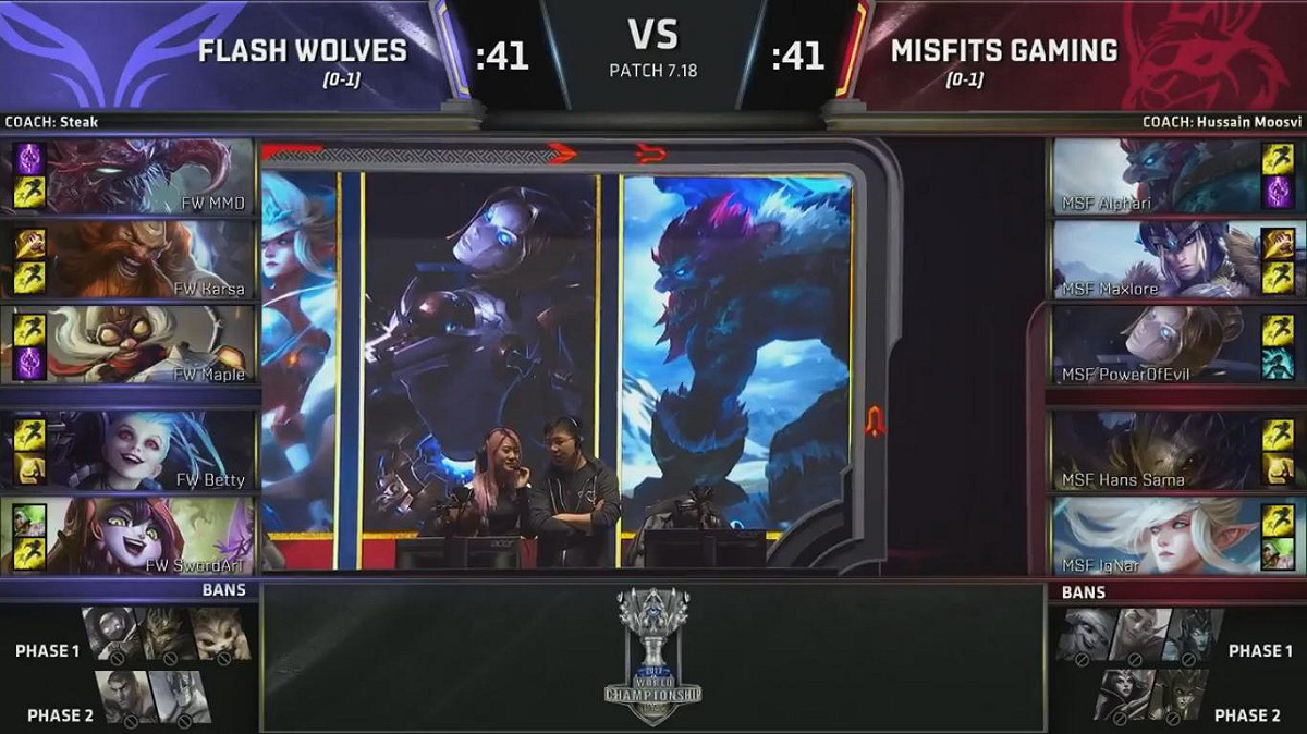 《英雄聯盟》小組賽進行到了第二場戰役，由LMS賽區的Flash Wolves（FW）對上歐洲第二種子Misfits Gaming（MSF）。 圖：翻攝自 LoL Esports YouTube