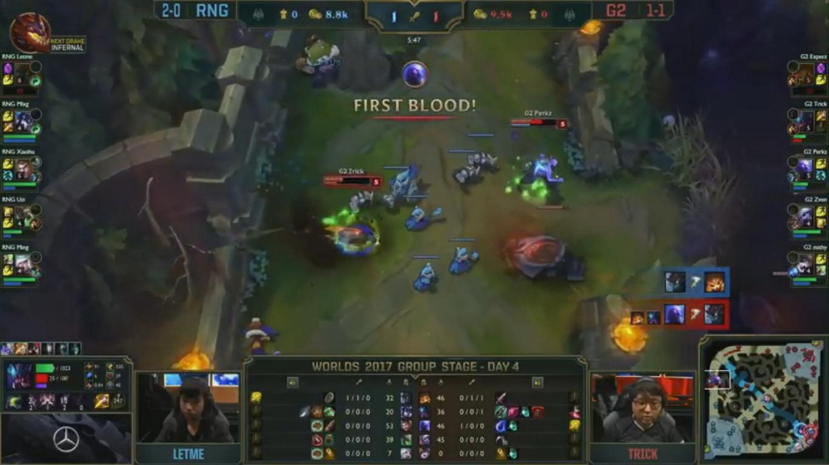 五分鐘時，G2組織了一波上路3夾1的塔殺。 圖：翻攝自 LoL Esports YouTube