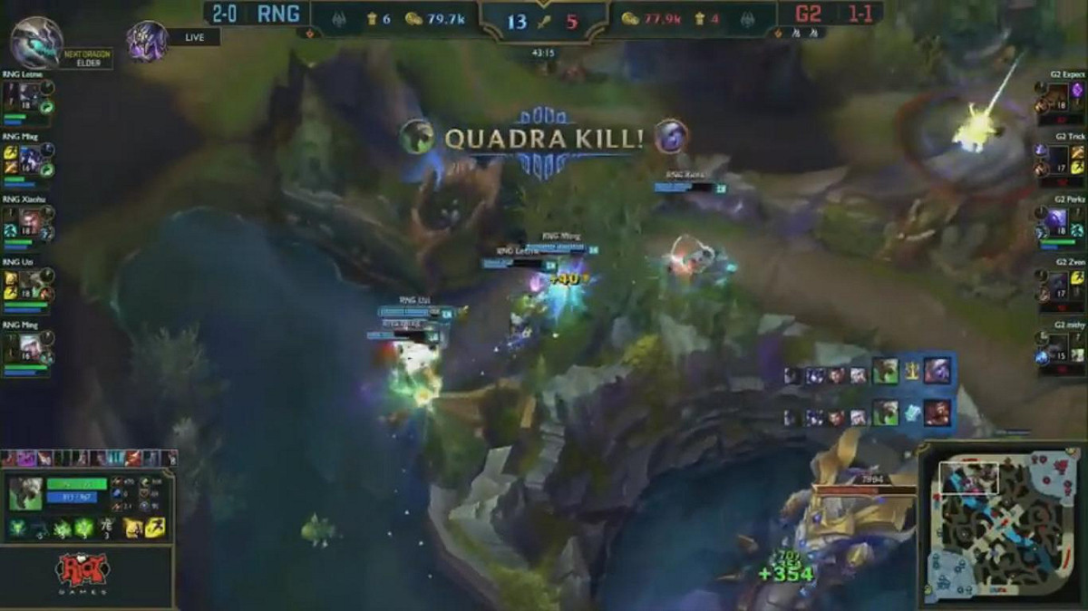 RNG下路選手Uzi的圖奇擊出一波四連殺。 圖：翻攝自 LoL Esports YouTube