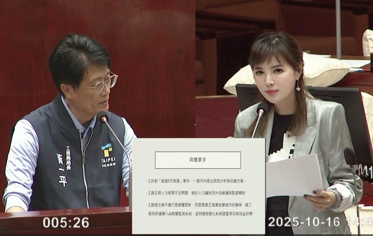 國民黨台北市議員王欣儀昨日在工務部門質詢揭露，號稱智慧城市的台北路燈卻要人工報修。 圖：王欣儀辦公室提供