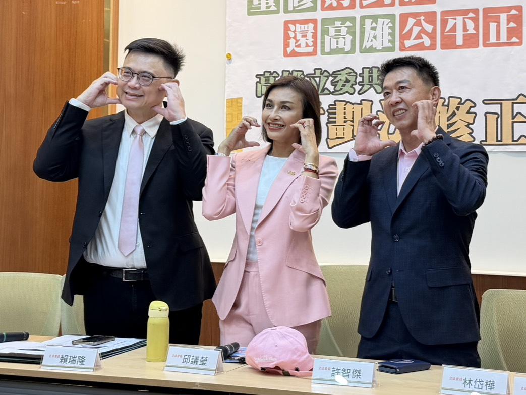 高雄的民進黨立委邱議瑩、賴瑞隆、許智傑今日也穿上粉色衣著、領帶。 圖：金大鈞／攝（資料照片）