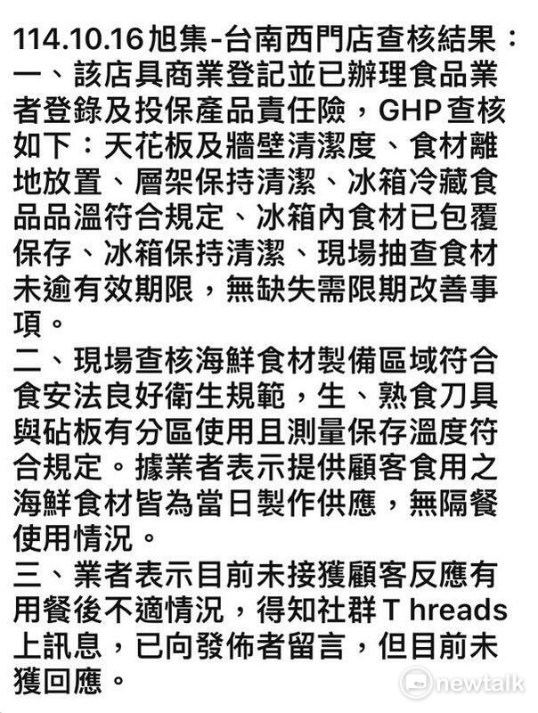 旭集官方出示台南市衛生局查核結果，顯示旭集台南店經台南市衛生局稽查結果並無疏失。 圖：旭集提供