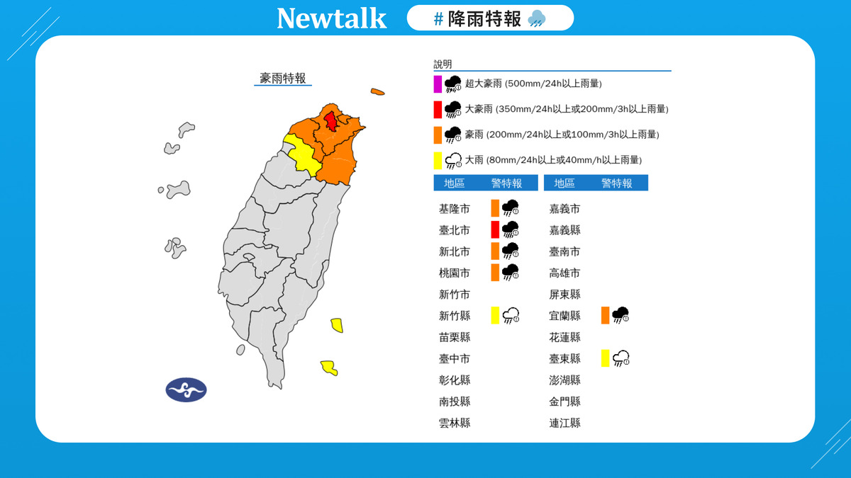 7縣市大豪雨特報！氣象署：防積水 圖：取自中央氣象署
