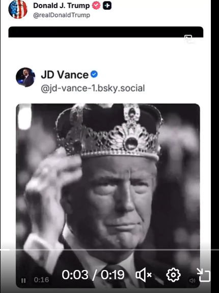 美國副總統萬斯（ JD Vance ）於社群平台發布一段影片，將川普描繪成「加冕的國王」，並由川普本人親自在官方帳號上轉發，引發全美輿論譁然。 圖：翻攝自Ｘ