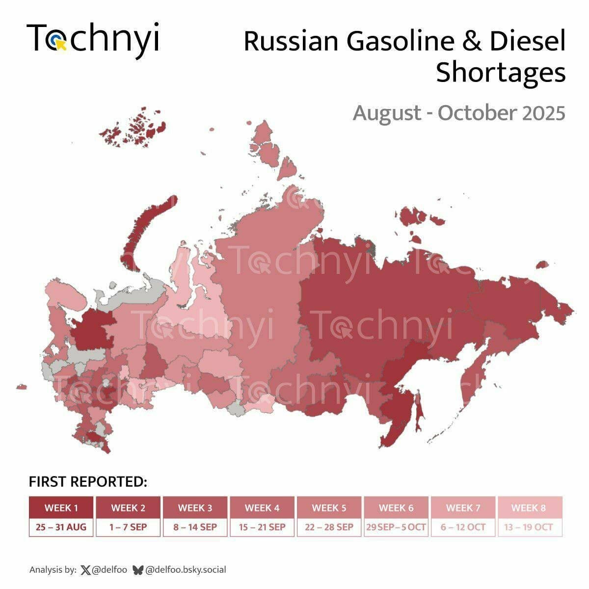 烏克蘭研究機構Tochnyi分析指出，俄羅斯84%地區出現汽油與柴油短缺。 圖：翻攝自 X @NiKiTa_32156