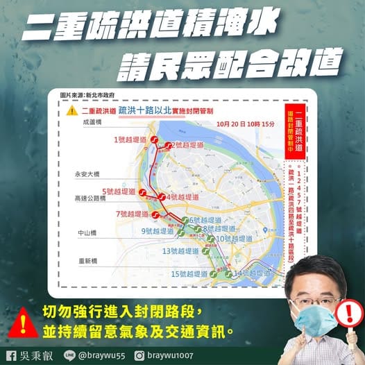 受強降雨影響，新北市封閉二重疏洪道及疏洪一路（疏洪四路至疏洪十路區段），並預防性關閉1、2、4、5、7號越堤道。 圖：翻攝「臉書」吳秉叡粉絲專頁