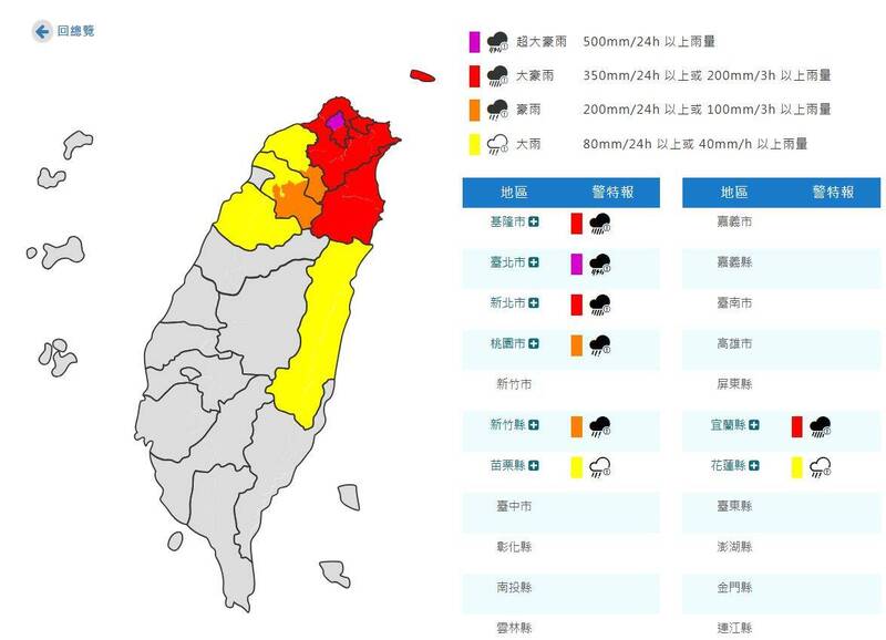 氣象署針對8縣市發布豪大雨特報。 圖：氣象署提供