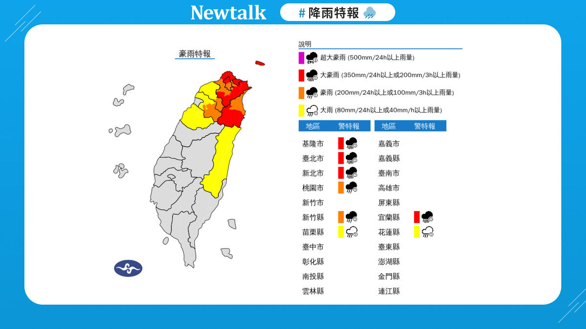 10/21 降雨特報！外出請注意，留意路面積水 圖：取自中央氣象署