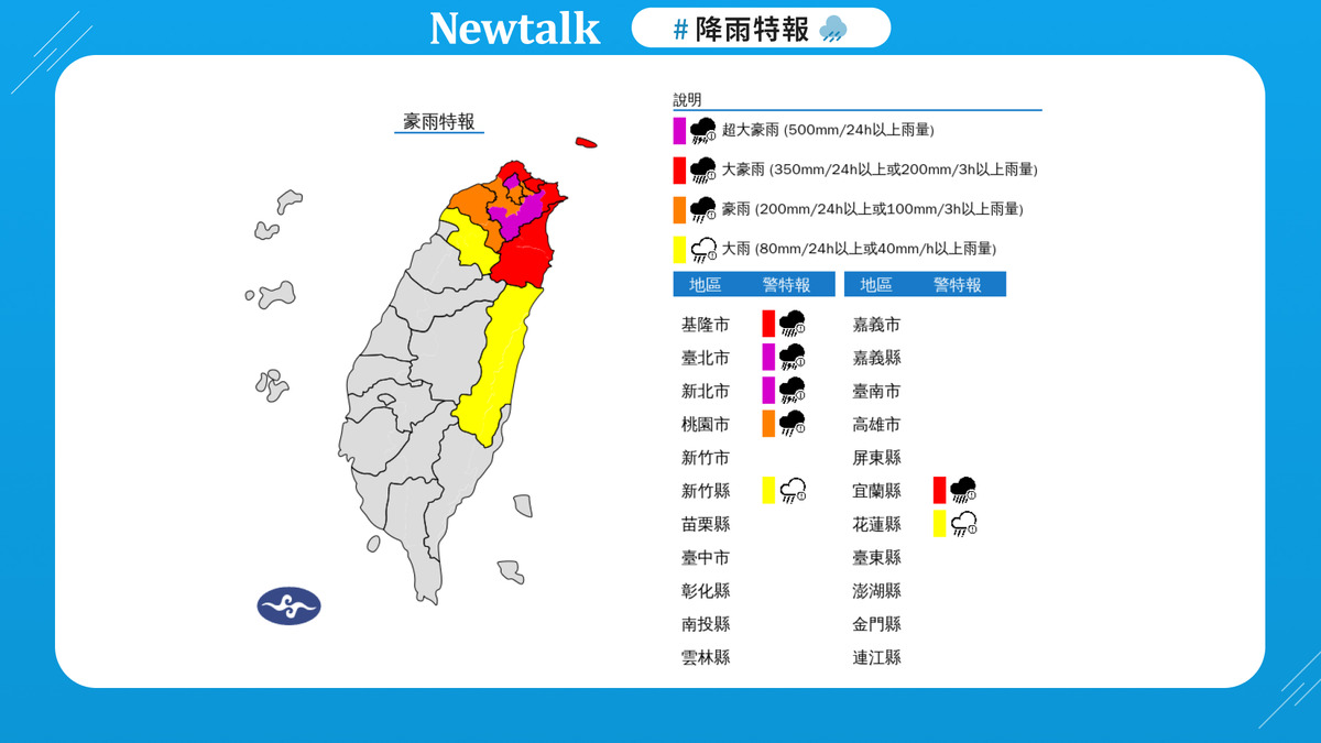 10/22 降雨特報！外出請注意，留意路面積水 圖：取自中央氣象署