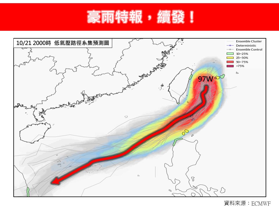 氣象專家林得恩指出，受東北季風及台灣東部外海的97W影響，今日北部及東北部豪雨持續。 圖：林老師氣象站粉專