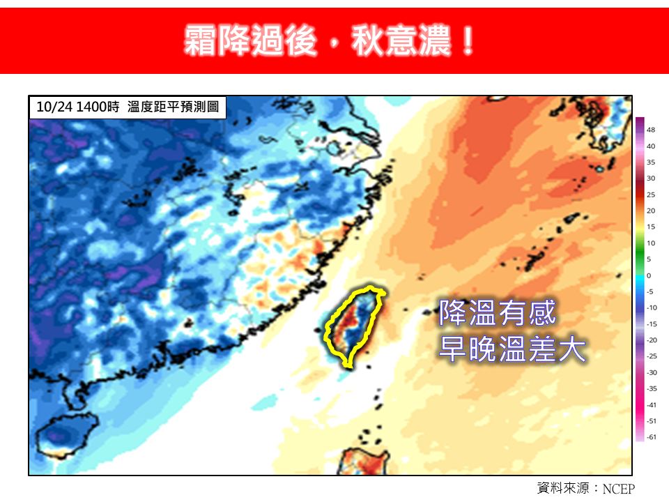 林得恩提醒，「霜降」象徵秋天進入後段，氣候乾燥、溫差加劇，民眾早晚應加件薄外套防著涼，長者與孩童要注意呼吸道健康。 圖/取自臉書粉專《林老師氣象站》