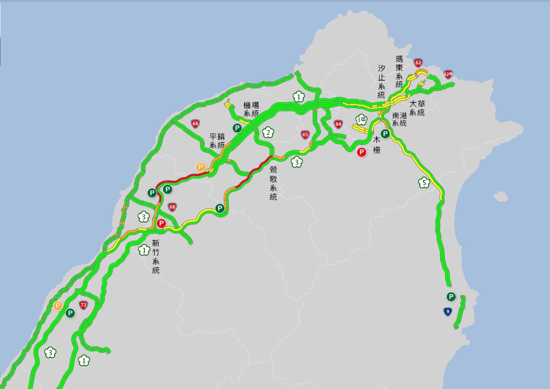 今天是光復節連續假期首日，高公局多路段湧現車潮時速低於40公里。 圖/ 高速公路1968