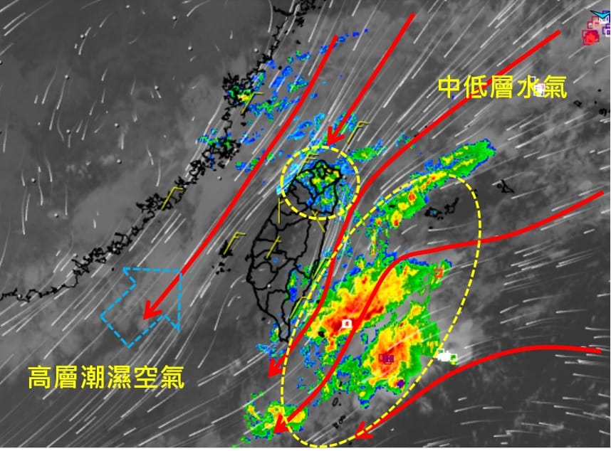 天氣職人吳聖宇指出，北方跟東邊海面的水氣交會於台灣東部海域，預期連假這3天的天氣都不好，雨不大但是很難停。 圖：取自天氣職人吳聖宇