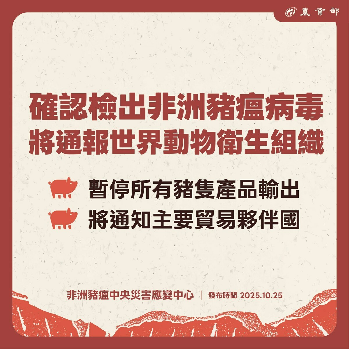 台中市日前爆發疑似非洲豬瘟疫情，非洲豬瘟中央災害應變中心今（25）日確認，該個案確定檢出非洲豬瘟病毒。 圖:農業部提供