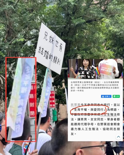 昨(25)日台灣同志遊行吸引15萬人參與，卻因一名舉「兄妹也有結婚的權利」標語的民眾引發爭議。臉書粉專指該名舉牌者疑似為台灣民眾黨支持者「小草」，並繫有「生育平權」緞帶，引發熱議。 圖：翻攝自「夜柯魔悍將」