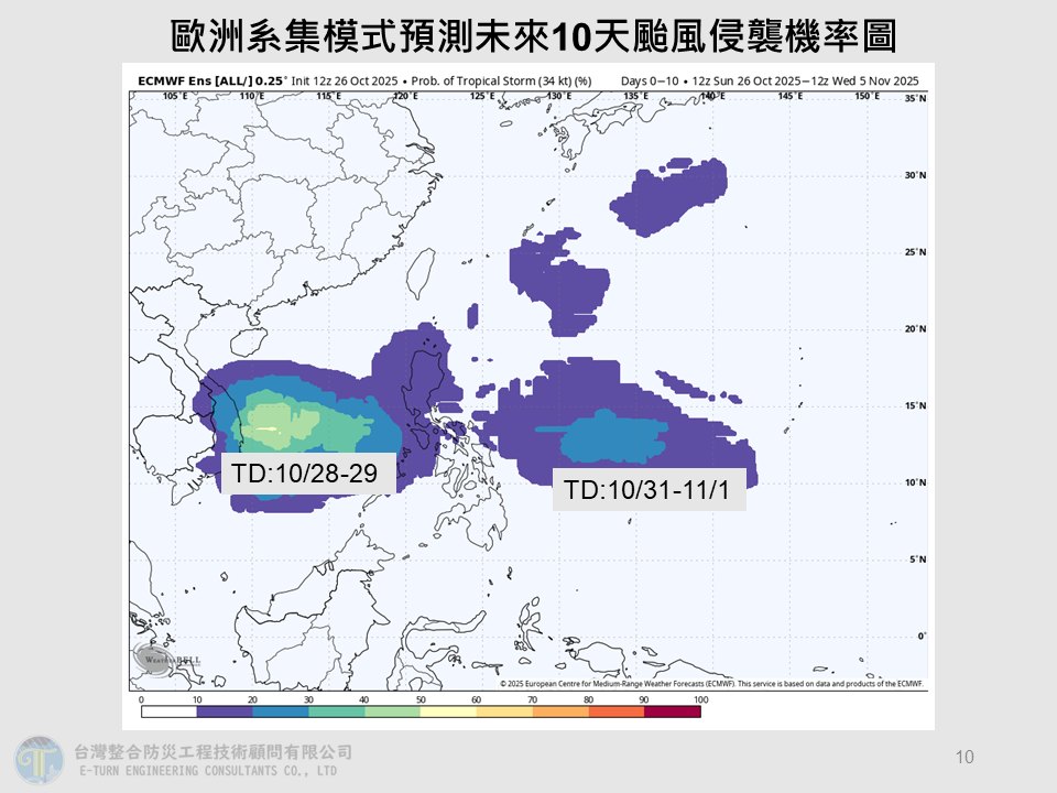 目前在菲律賓東南方海域和南海各有一個熱帶擾動。 圖：取自賈新興臉書