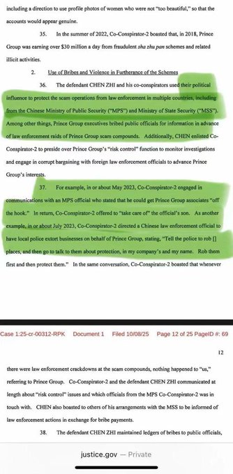 美國法院在針對太子集團提出的訴狀中，指控太子集團可能與中國執法人員合作，換取當局放任、縱容詐騙活動。 圖：翻攝自 @GFWfrog X 帳號