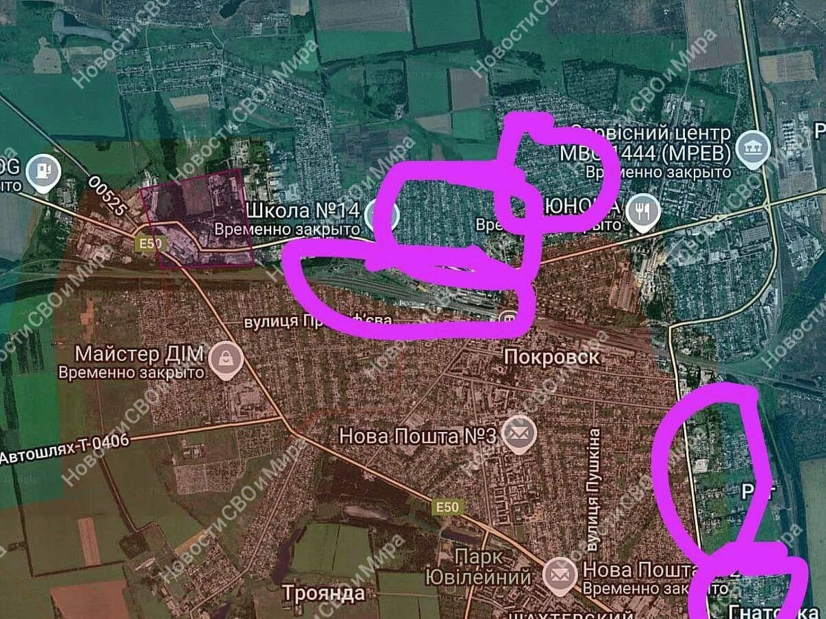 烏克蘭戰地前線記者尤利婭·其里延科發佈地圖：「敵軍蹤跡已標記，而且情況更加危急。這裡是通往米爾諾格勒的路上，局勢極其危急。」 圖：翻攝自 X  NiKITa
