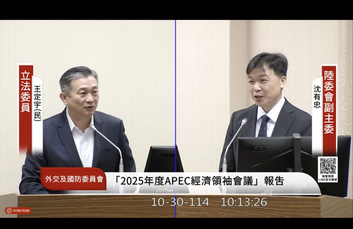 民進黨立委王定宇就中國配偶錢麗武統主張質詢陸委會副主委沈有忠 圖：翻拍自國會頻道