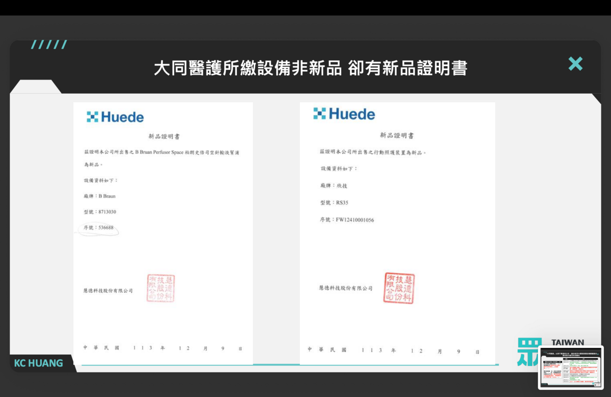 大同醫護出示的新品證明書 圖：民眾黨團提供