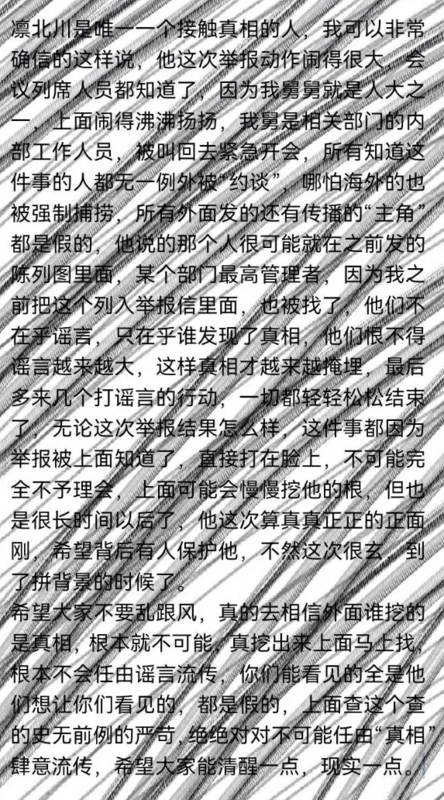 有知情人士表示，凜北川這次舉報驚動了高層，要全身而退就只能「拚背景」了。 圖：翻攝自Threads