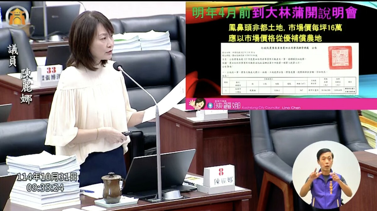 陳麗娜質詢直言大林蒲遷村協議價購非住商用地價格偏低，應符合最新市價。  圖：陳麗娜服務處／提供