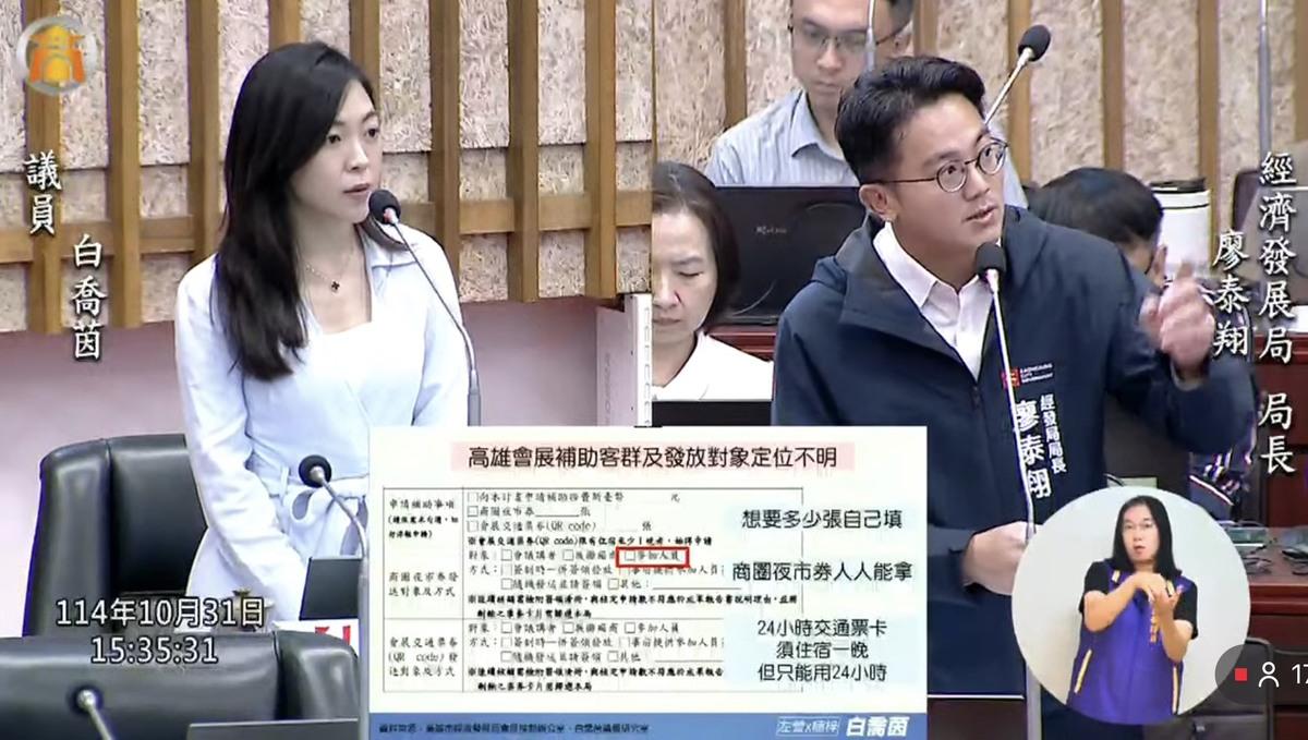 白喬茵(左)質詢踢爆，市府為了衝數字，將連奶茶節、鹽酥雞節等活動也納入會展經濟統計，廖泰翔坦承將活動納入評比，但獲獎主要是透過演唱會經濟。 圖：白喬茵服務處/提供