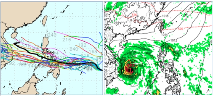 最新(31日20時)歐洲系集模式(ECMWF))模擬(左圖)顯示，熱帶系統將在菲律賓東方海面發展，偏西進行，通過菲律賓中部、進入南海，再朝越南前進；歐洲模式(ECMWF)下週四(6日)20時模擬(右圖)顯示，其共伴效應發生在呂宋島。 圖/氣象應用推廣基金會「洩天機教室」專欄