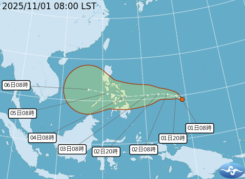 目前位於帛琉東北方的熱帶低壓TD28即將形成海鷗颱風。 圖：取自氣象署