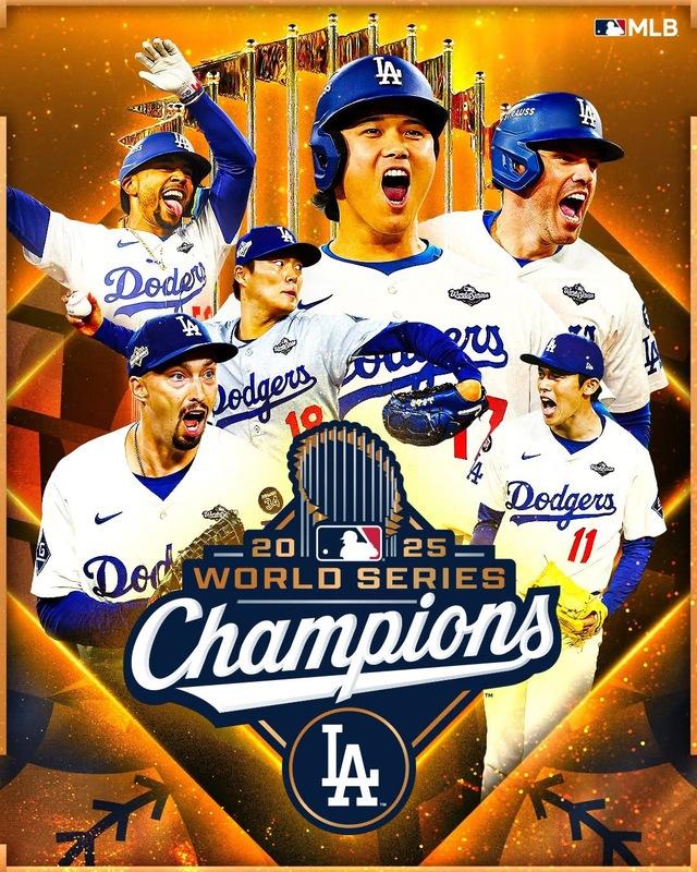 美國洛杉磯道奇奪下世界大賽二連霸。 圖：取自 X@MLB