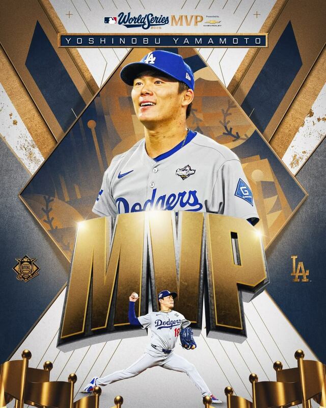 日籍強投山本由伸1日在美國職棒大聯盟世界大賽第7戰拿下關鍵勝投，為洛杉磯道奇締造二連霸偉業，獲選世界大賽最有價值球員。（圖取自x.com/MLB）